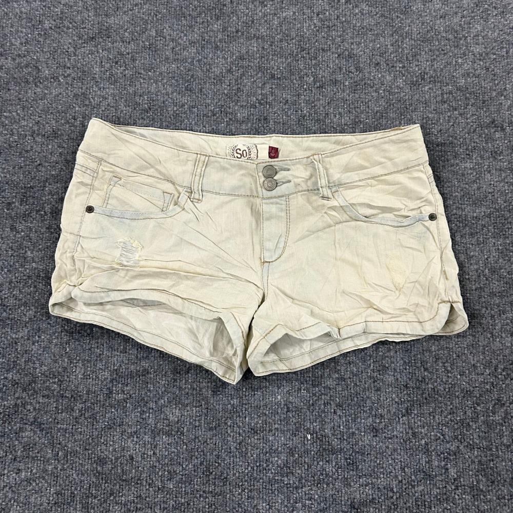SO Denim Shorts Womens Size 11 Beige Distressed Low Rise Double Button Casual